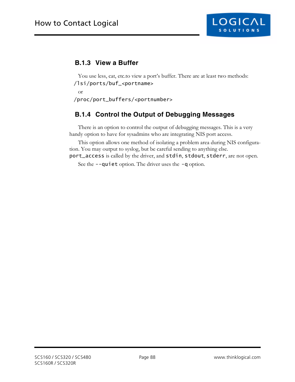 How to contact logical, B.1.3 view a buffer, B.1.4 control the output of debugging messages | Logical Solutions Secure Console Servers SCS-R User Manual | Page 88 / 90