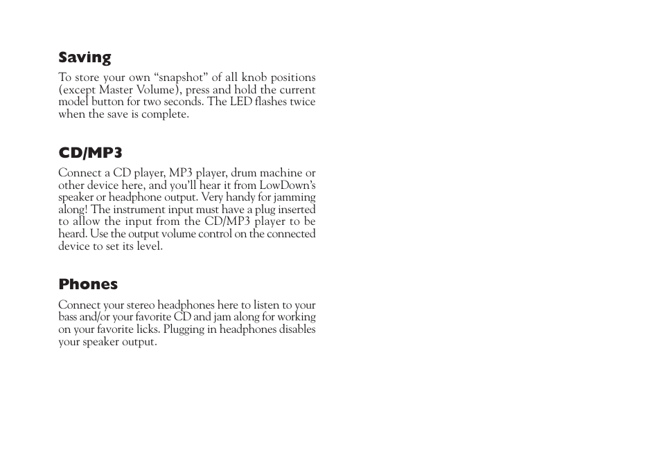Saving, Cd/mp3, Phones | Line 6 LowDown LD-15 User Manual | Page 11 / 12