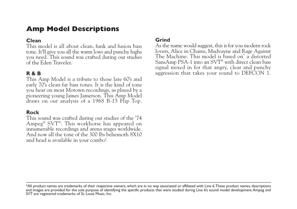Amp model descriptions | Line 6 LowDown LD-15 User Manual | Page 9 / 12