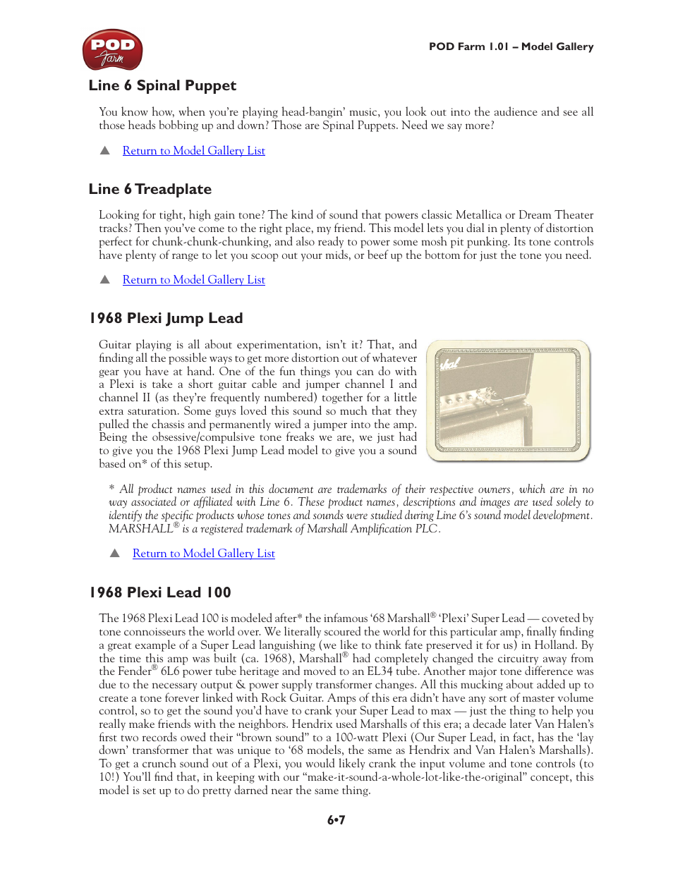 Line 6 spinal puppet, Line 6 treadplate, 1968 plexi jump lead | Line 6 POD Farm UX1 User Manual | Page 102 / 177