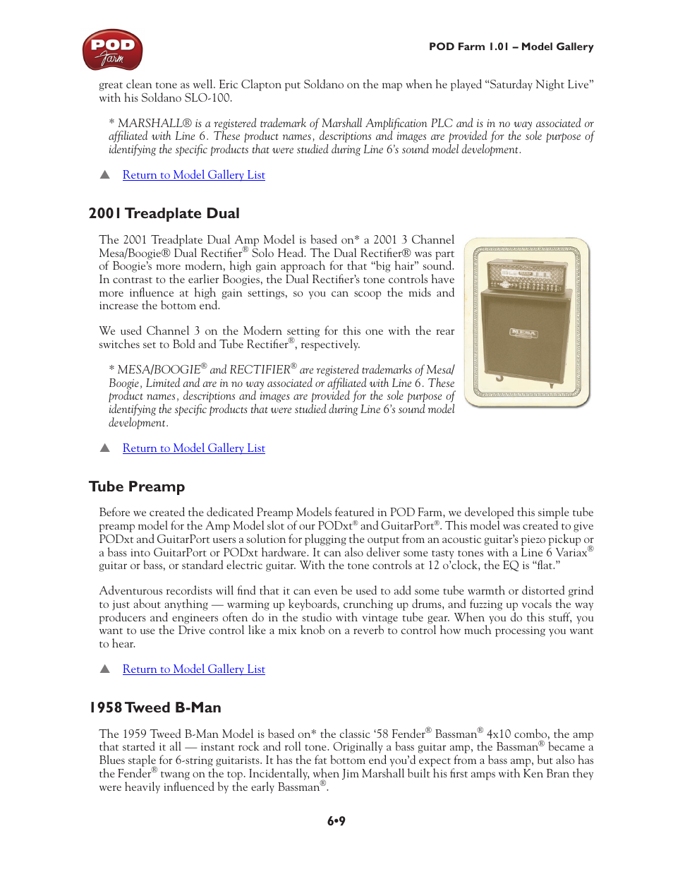 2001 treadplate dual, Tube preamp, 1958 tweed b-man | Line 6 POD Farm UX1 User Manual | Page 104 / 177