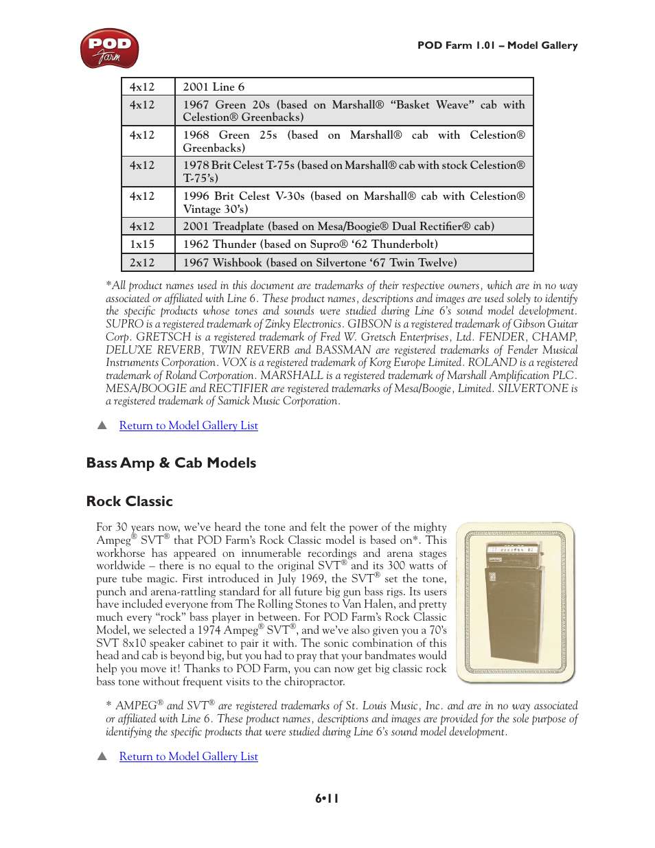 Bass amp & cab models, Bass amp & cab models •11, Rock classic •11 | Bass amp & cab models rock classic | Line 6 POD Farm UX1 User Manual | Page 106 / 177