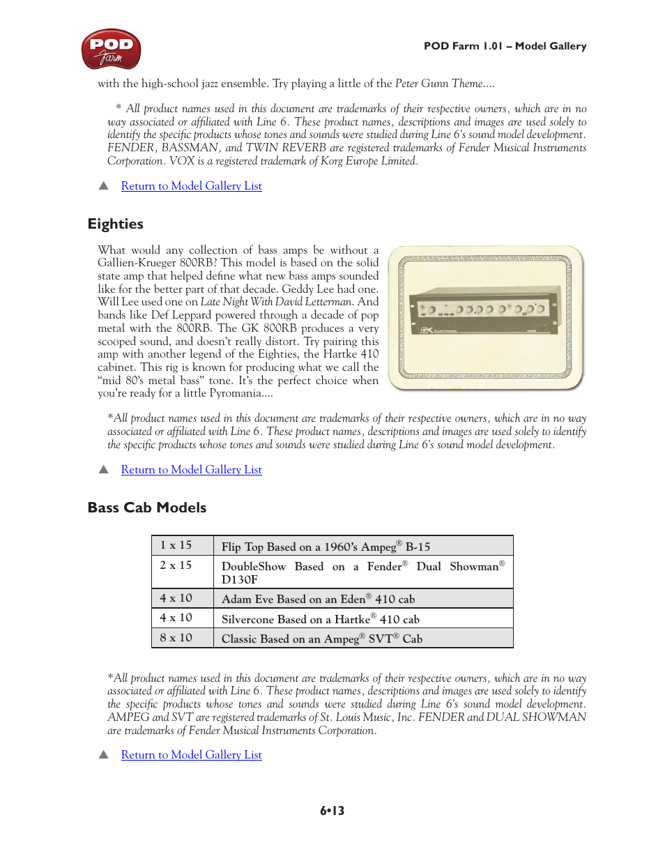 Eighties •13 bass cab models •13, Eighties, Bass cab models | Line 6 POD Farm UX1 User Manual | Page 108 / 177