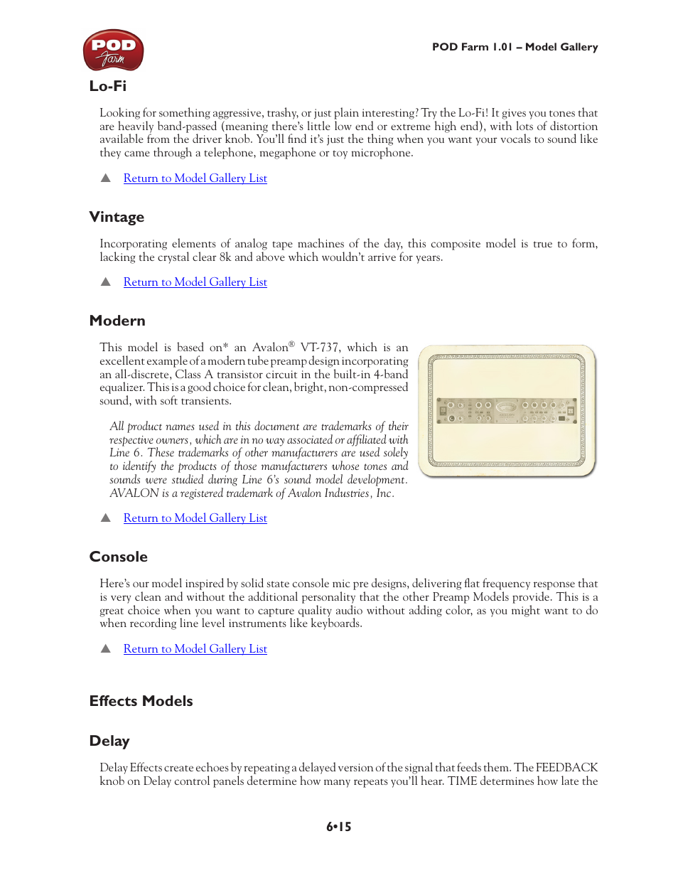 Effects models, Effects models •15, Lo-fi •15 vintage •15 modern •15 console •15 | Delay •15, Lo-fi, Vintage, Modern, Console, Effects models delay | Line 6 POD Farm UX1 User Manual | Page 110 / 177