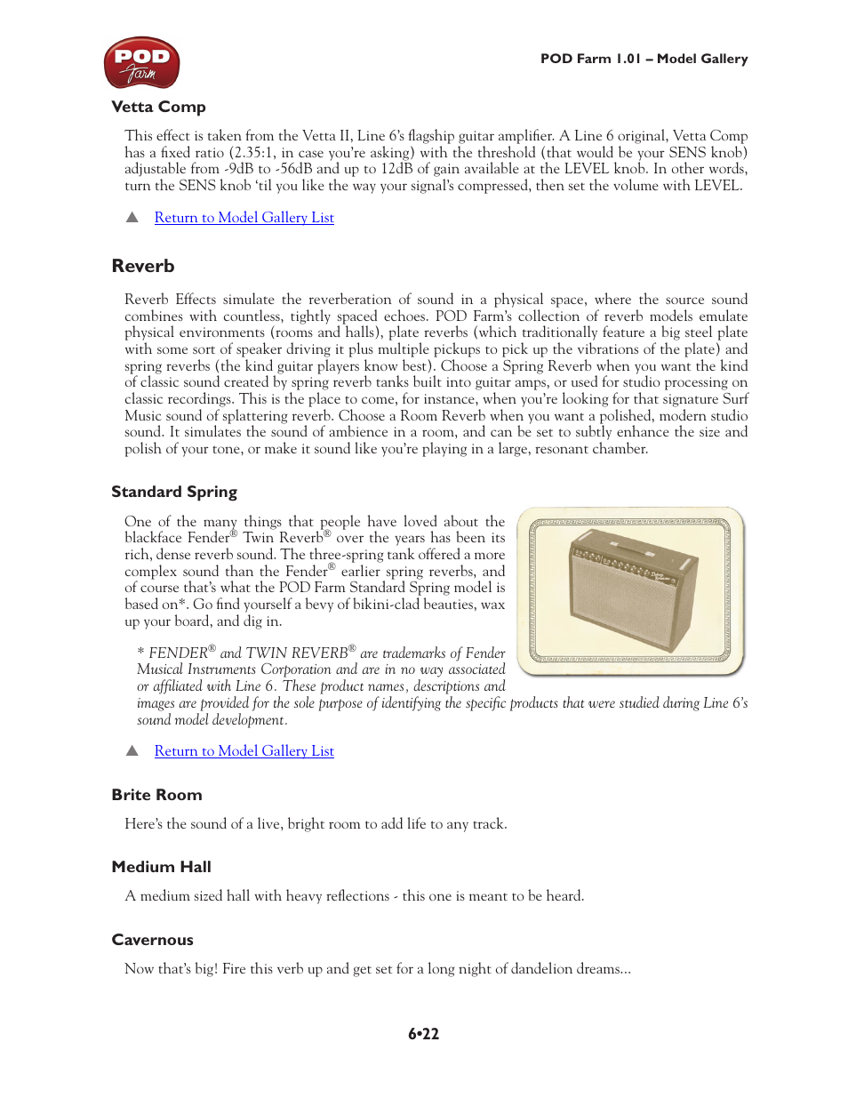Vetta comp •22, Reverb •22, Reverb | Line 6 POD Farm UX1 User Manual | Page 117 / 177