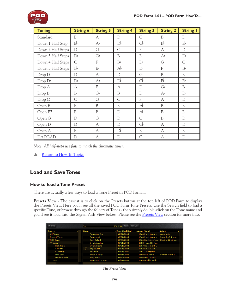 Load and save tones •6, How to load a tone preset •6 | Line 6 POD Farm UX1 User Manual | Page 134 / 177