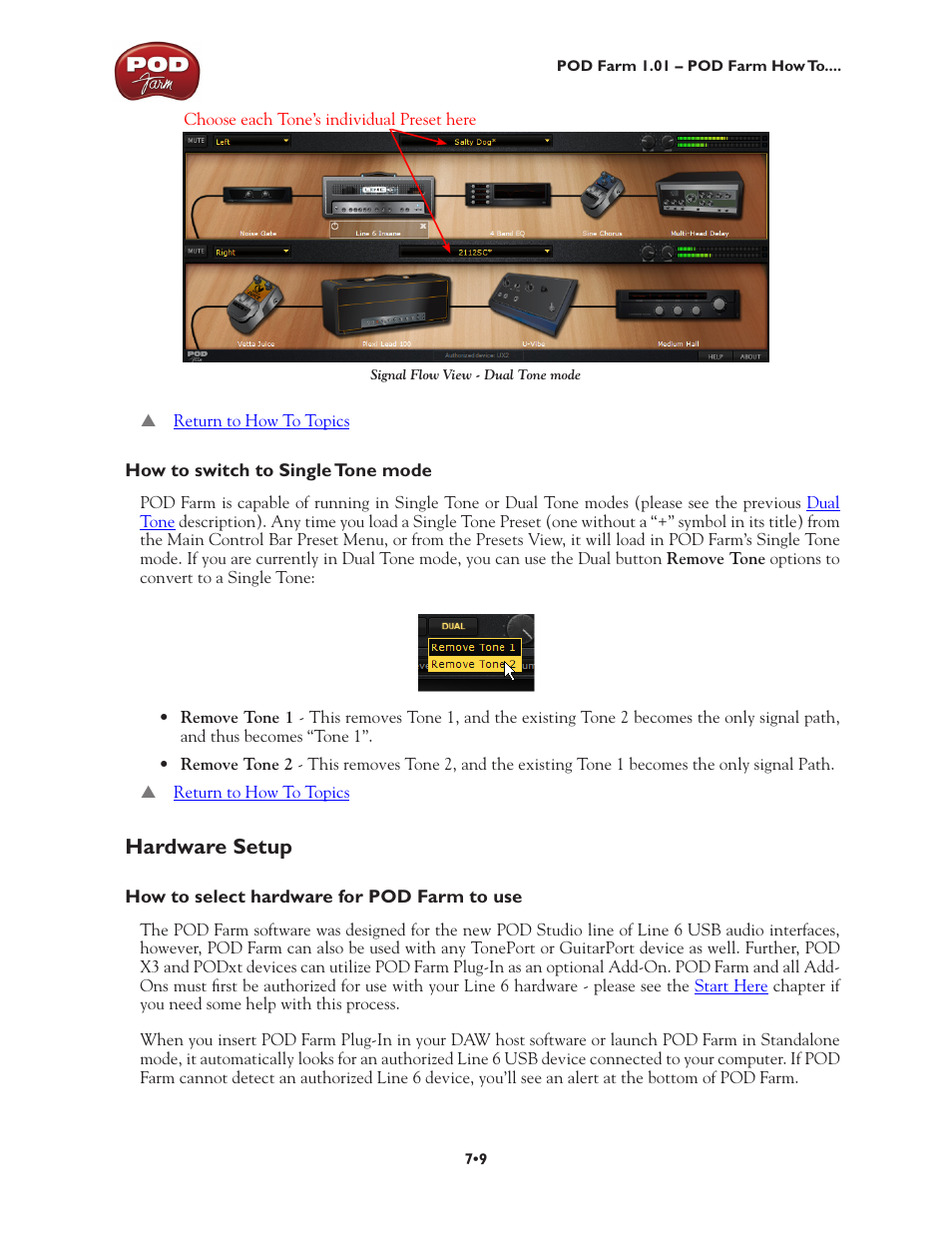 How to switch to single tone mode •9, Hardware setup •9, How to select hardware for pod farm to use •9 | Hardware setup | Line 6 POD Farm UX1 User Manual | Page 137 / 177