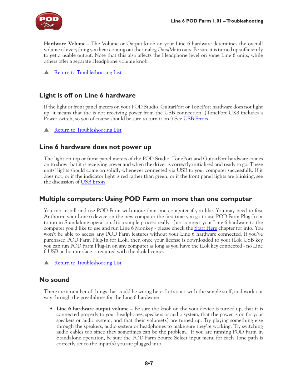 Light is off on line 6 hardware, Line 6 hardware does not power up, No sound | Line 6 POD Farm UX1 User Manual | Page 148 / 177