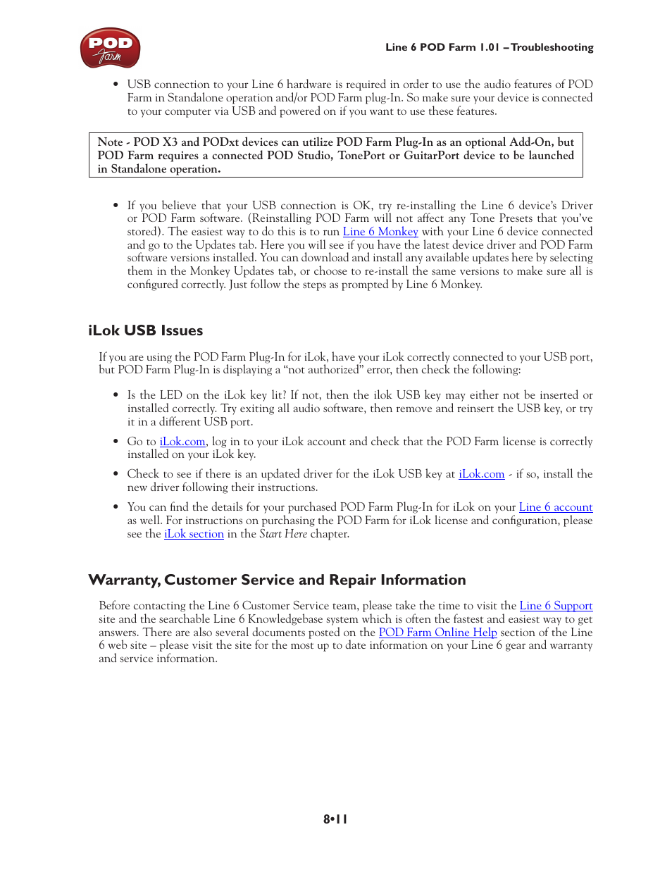 Ilok usb issues, Warranty, customer service and repair information | Line 6 POD Farm UX1 User Manual | Page 152 / 177