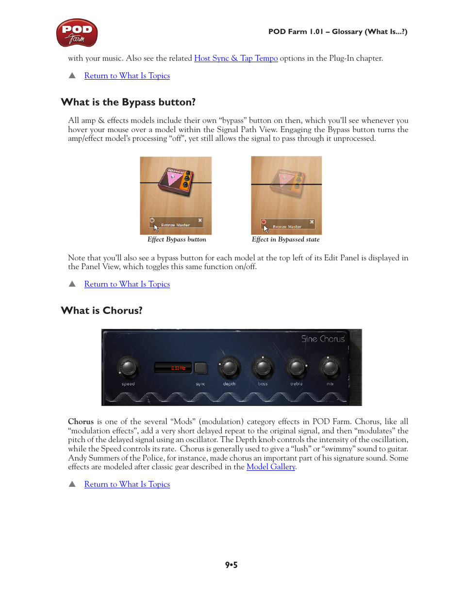 What is the bypass button? •5 what is chorus? •5, What is the bypass button, What is chorus | Line 6 POD Farm UX1 User Manual | Page 157 / 177