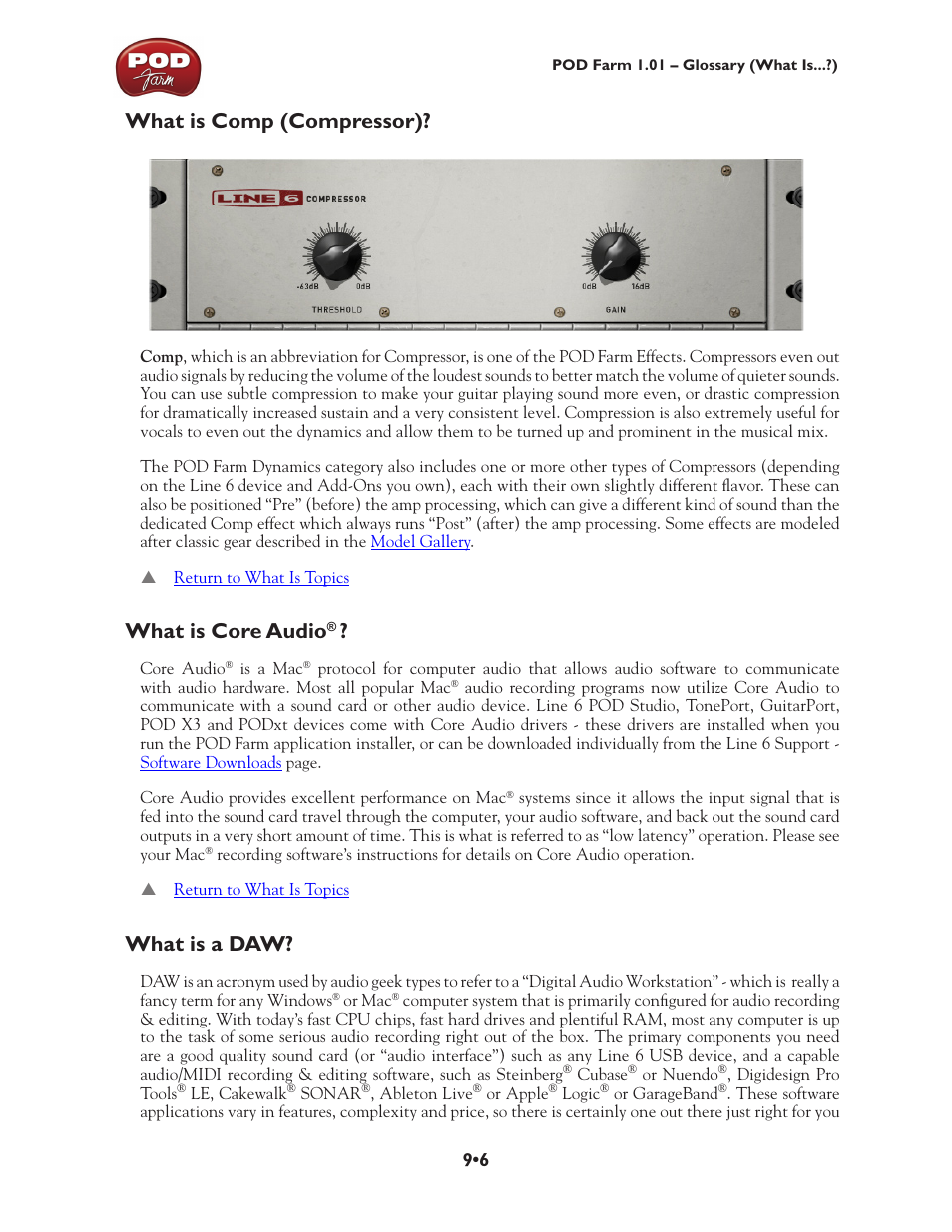 What is comp (compressor)? •6 what is core audio, What is a daw? •6, Core audio | What is comp (compressor), What is core audio, What is a daw | Line 6 POD Farm UX1 User Manual | Page 158 / 177