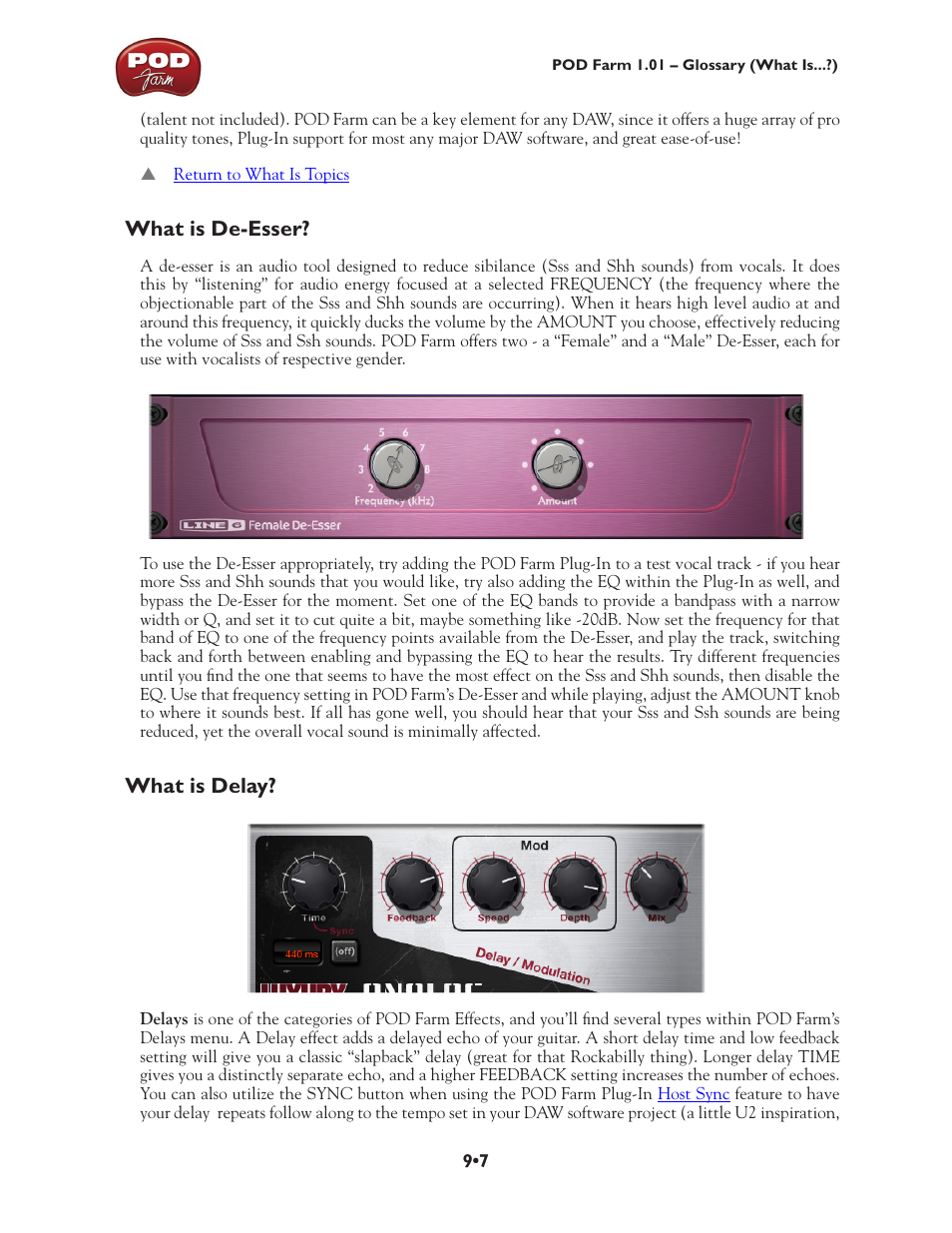 What is the de-esser, Section, What | Is the de-esser, What is de-esser? •7 what is delay? •7, What is de-esser, What is delay | Line 6 POD Farm UX1 User Manual | Page 159 / 177