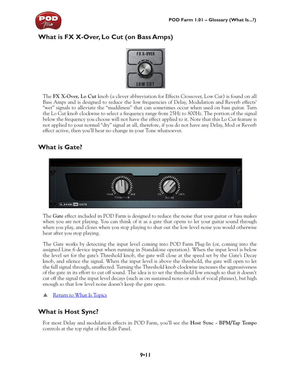 Gate, Host sync, What is fx x-over, lo cut (on bass amps) | What is gate, What is host sync | Line 6 POD Farm UX1 User Manual | Page 163 / 177