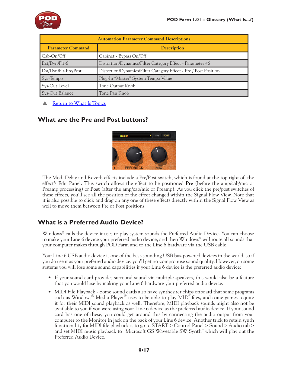 What are the pre and post buttons, What is a preferred audio device | Line 6 POD Farm UX1 User Manual | Page 169 / 177