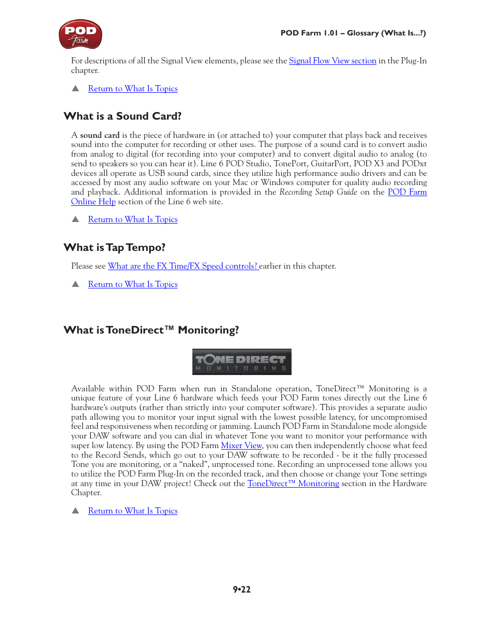 What is a sound card, What is tap tempo, What is tonedirect™ monitoring | Line 6 POD Farm UX1 User Manual | Page 174 / 177