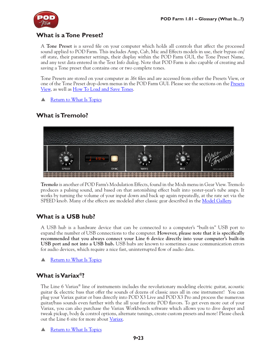What is a tone preset? •23, Tremolo, What is a tone preset | What is tremolo, What is a usb hub, What is variax | Line 6 POD Farm UX1 User Manual | Page 175 / 177