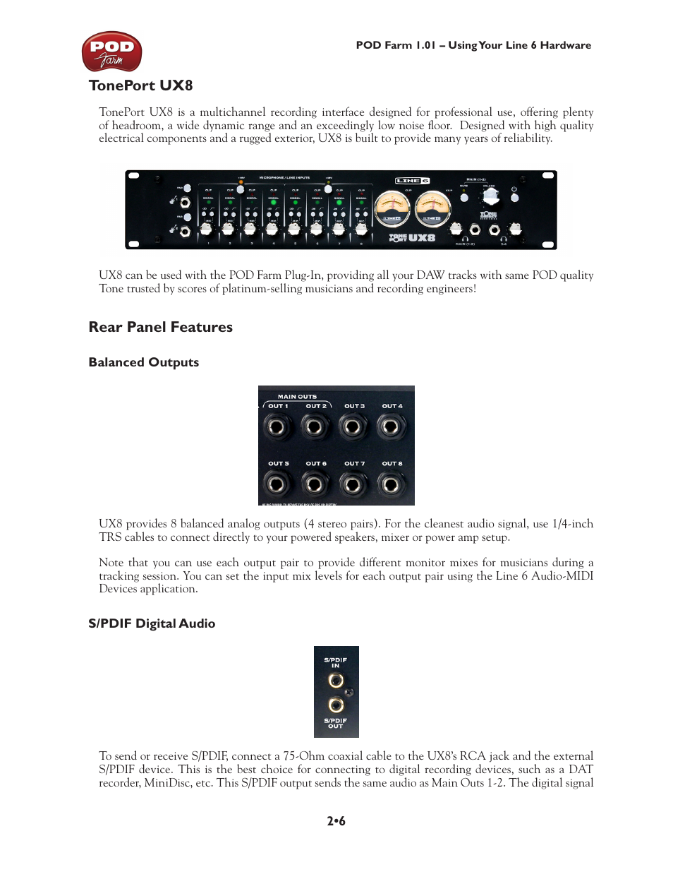 Toneport ux8, Toneport ux8 •6, Rear panel features | Line 6 POD Farm UX1 User Manual | Page 20 / 177