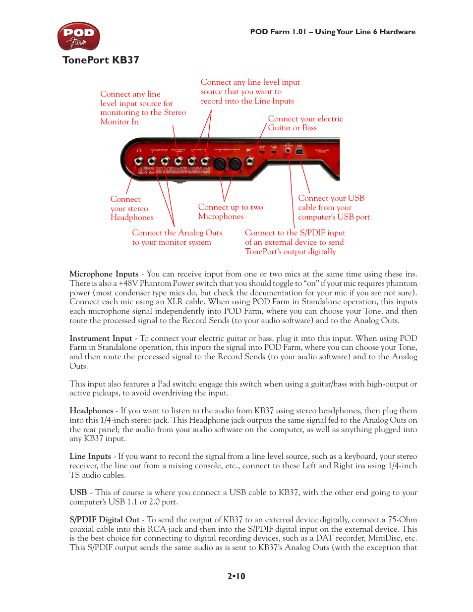 Toneport kb37, Kb37, Toneport kb37 •10 | Line 6 POD Farm UX1 User Manual | Page 24 / 177