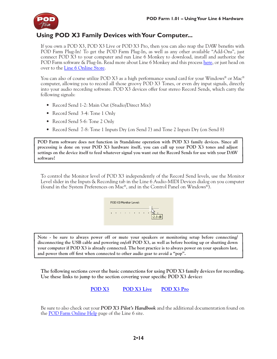 Using pod x3 family devices with your computer, Pod x3, Family | Using pod x3 family devices with your computer •14, Pod x3 family devices | Line 6 POD Farm UX1 User Manual | Page 28 / 177