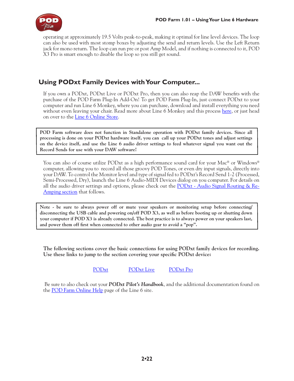Using podxt family devices with your computer, Family, Using podxt family devices with your computer •22 | Podxt family devices | Line 6 POD Farm UX1 User Manual | Page 36 / 177
