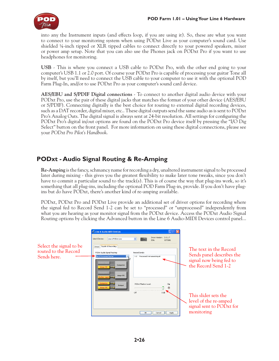 Podxt - audio signal routing & re-amping, Podxt - audio signal routing & re-amping •26, Podxt - audio signal routing & re | Amping section, Here | Line 6 POD Farm UX1 User Manual | Page 40 / 177