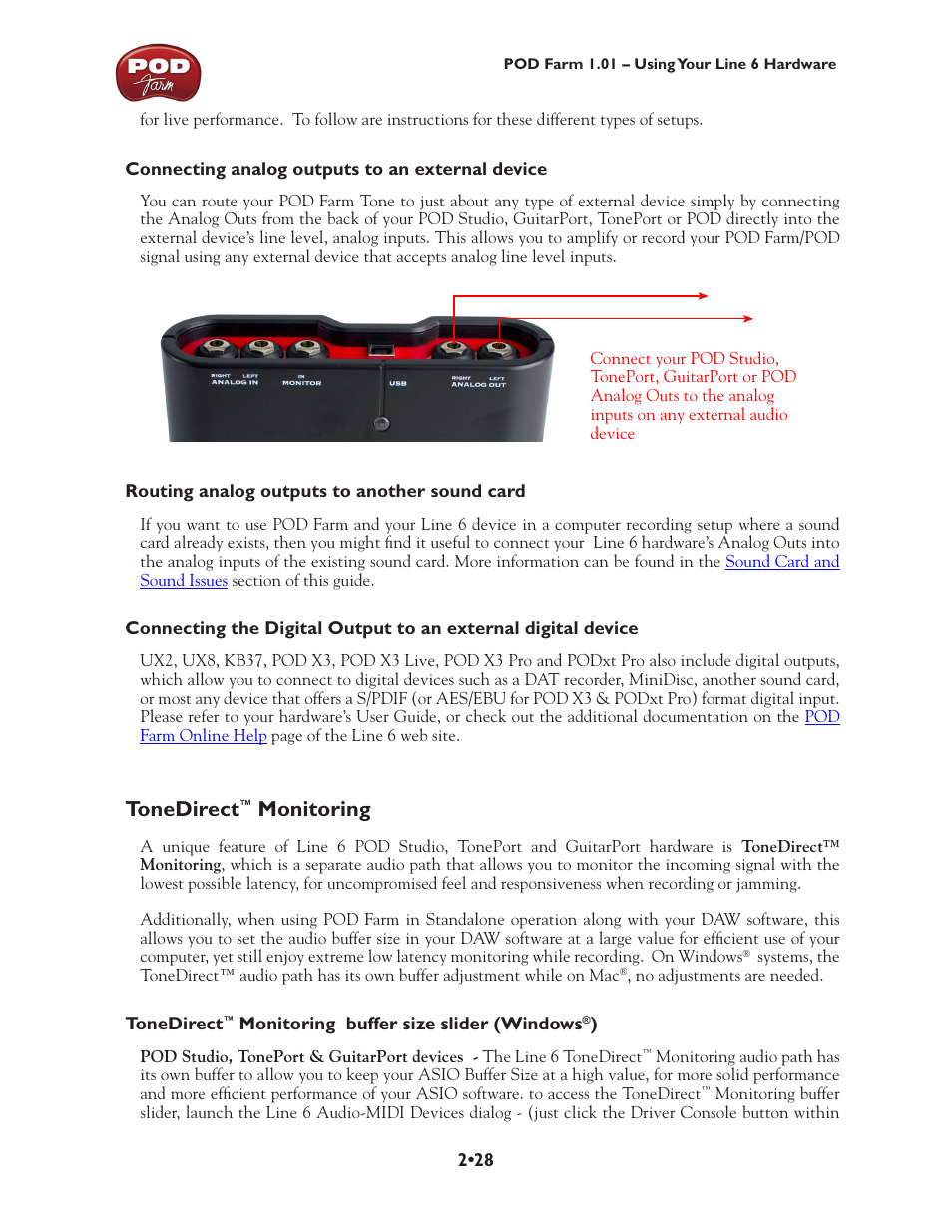 Tonedirect™ monitoring, Tonedirect, Monitoring •28 | Podxt, Monitoring | Line 6 POD Farm UX1 User Manual | Page 42 / 177