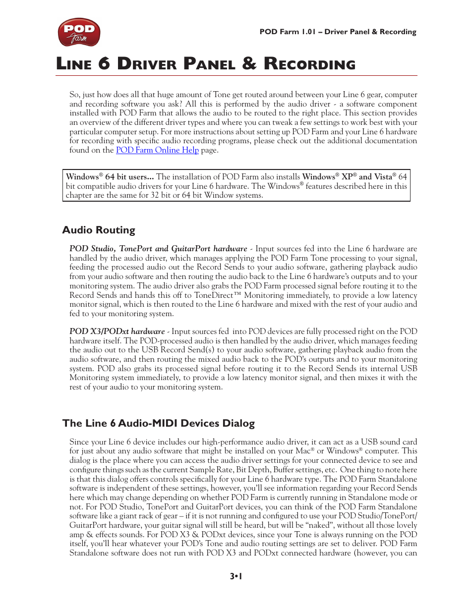 Line 6 driver panel & recording, Audio routing, The line 6 audio-midi devices dialog | Line 6 driver panel & recording •1, River, Anel, Ecording | Line 6 POD Farm UX1 User Manual | Page 47 / 177