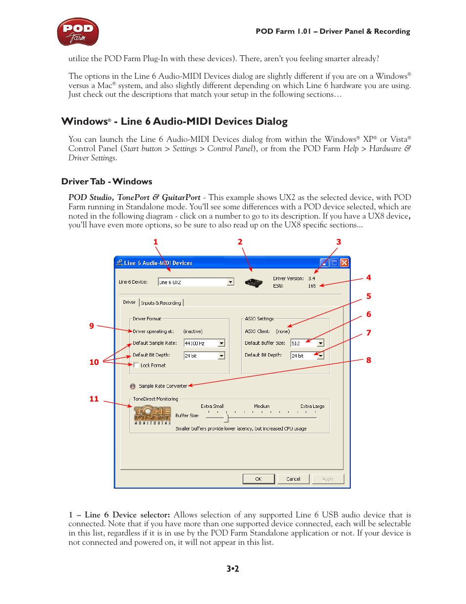 Windows® - line 6 audio-midi devices dialog, Windows, Line 6 audio-midi devices dialog •2 | Line 6 audio-midi devices dialog | Line 6 POD Farm UX1 User Manual | Page 48 / 177