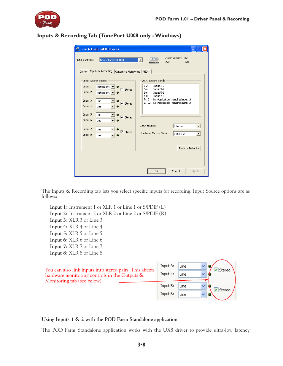 Next section, For its inputs & recording tab | Line 6 POD Farm UX1 User Manual | Page 54 / 177