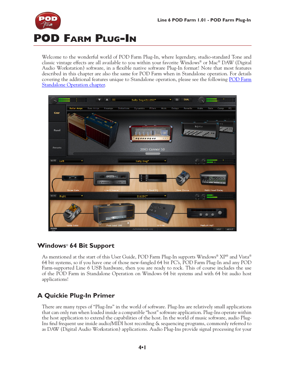 Pod farm plug-in, Windows® 64 bit support, A quickie plug-in primer | Pod farm, Plug-in, Pod farm plug-in •1, Windows, 64 bit support •1, A quickie plug-in primer •1, Pod farm plug | Line 6 POD Farm UX1 User Manual | Page 72 / 177
