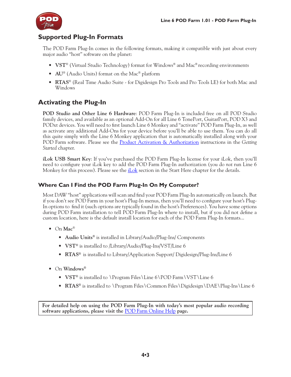 Supported plug-in formats, Activating the plug-in | Line 6 POD Farm UX1 User Manual | Page 74 / 177