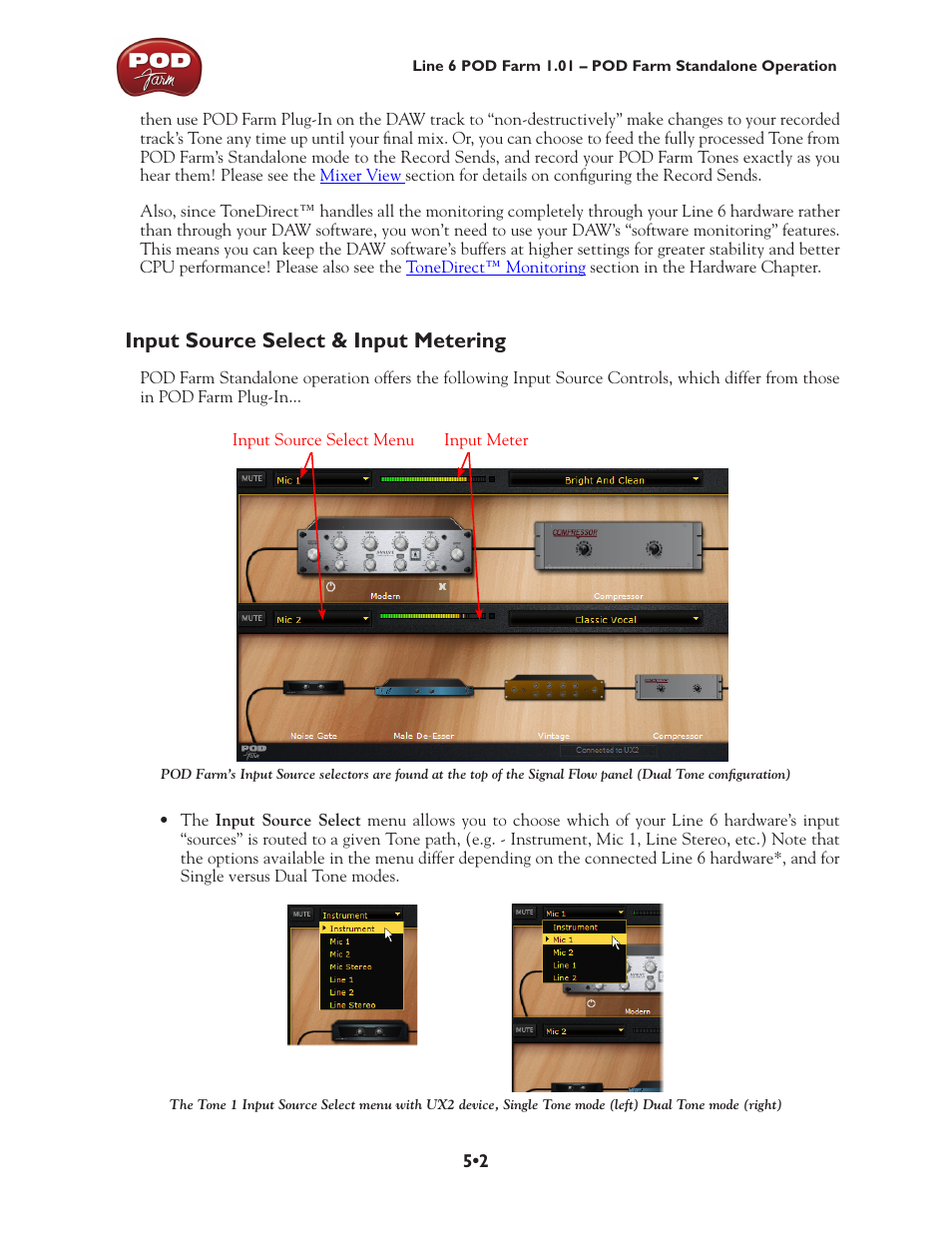 Input source select & input metering, Input source select & input metering •2 | Line 6 POD Farm UX1 User Manual | Page 89 / 177