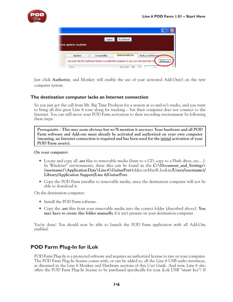 Pod farm plug-in for ilok, Ilok, Pod farm plug-in for ilok •6 | Please skip ahead to the, Pod farm for ilok, Section for details | Line 6 POD Farm UX1 User Manual | Page 9 / 177