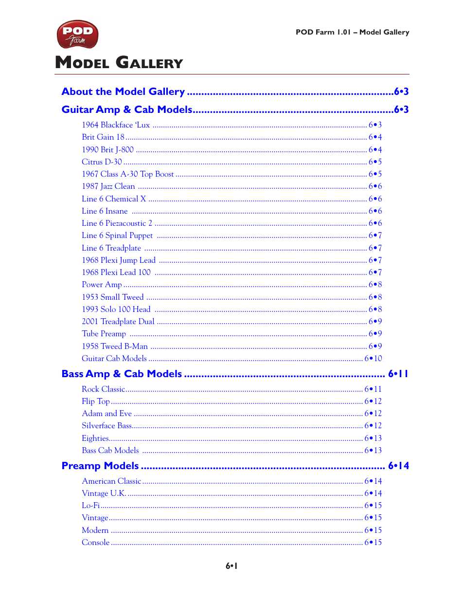 Model gallery, Model gallery •1 | Line 6 POD Farm UX1 User Manual | Page 96 / 177