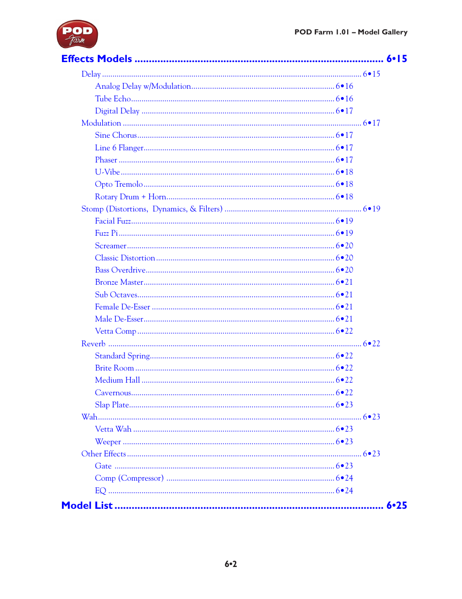 Effects models •15, Model list •25 | Line 6 POD Farm UX1 User Manual | Page 97 / 177