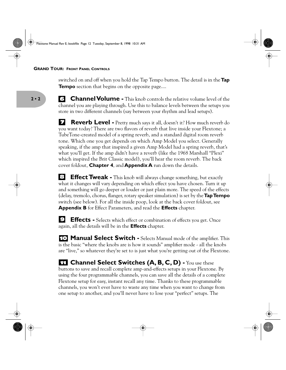 Channel volume, Reverb level, Effect tweak | Effects, Manual select switch, Channel select switches (a, b, c, d) | Line 6 Flextone Cab 212S User Manual | Page 12 / 66