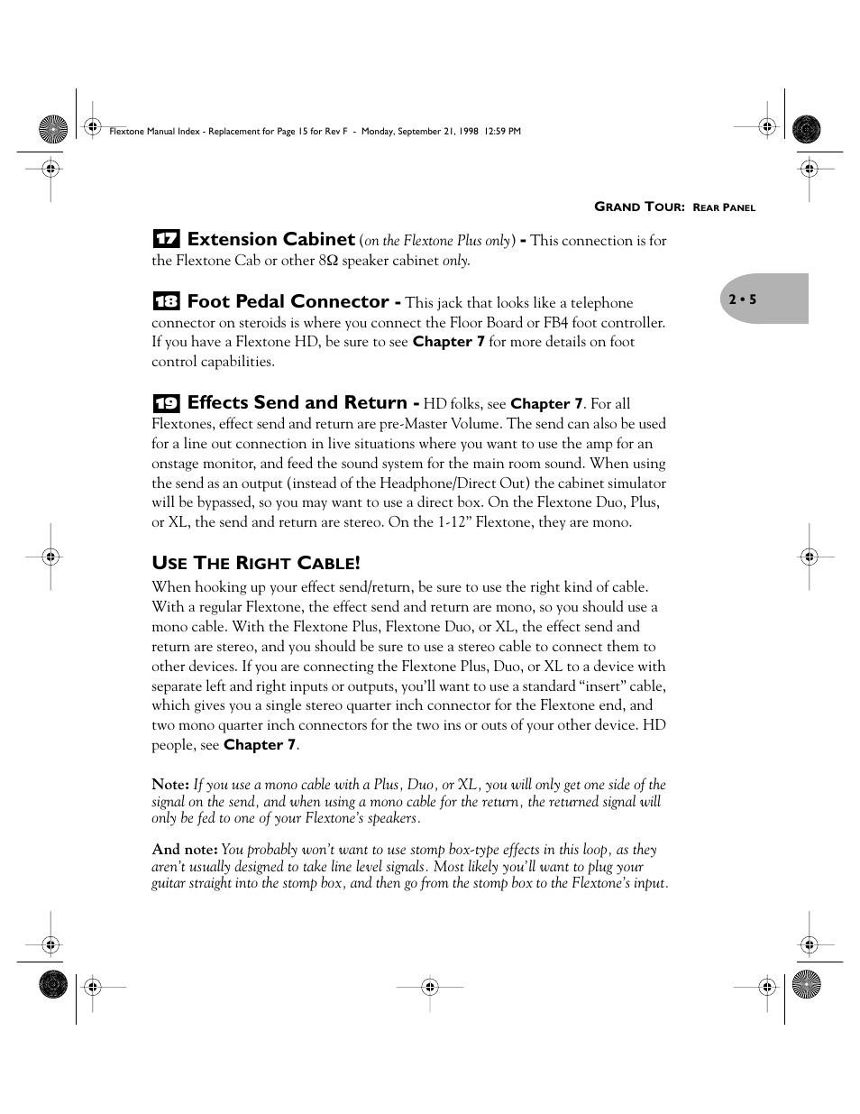Extension cabinet, Foot pedal connector, Effects send and return | Line 6 Flextone Cab 212S User Manual | Page 15 / 66