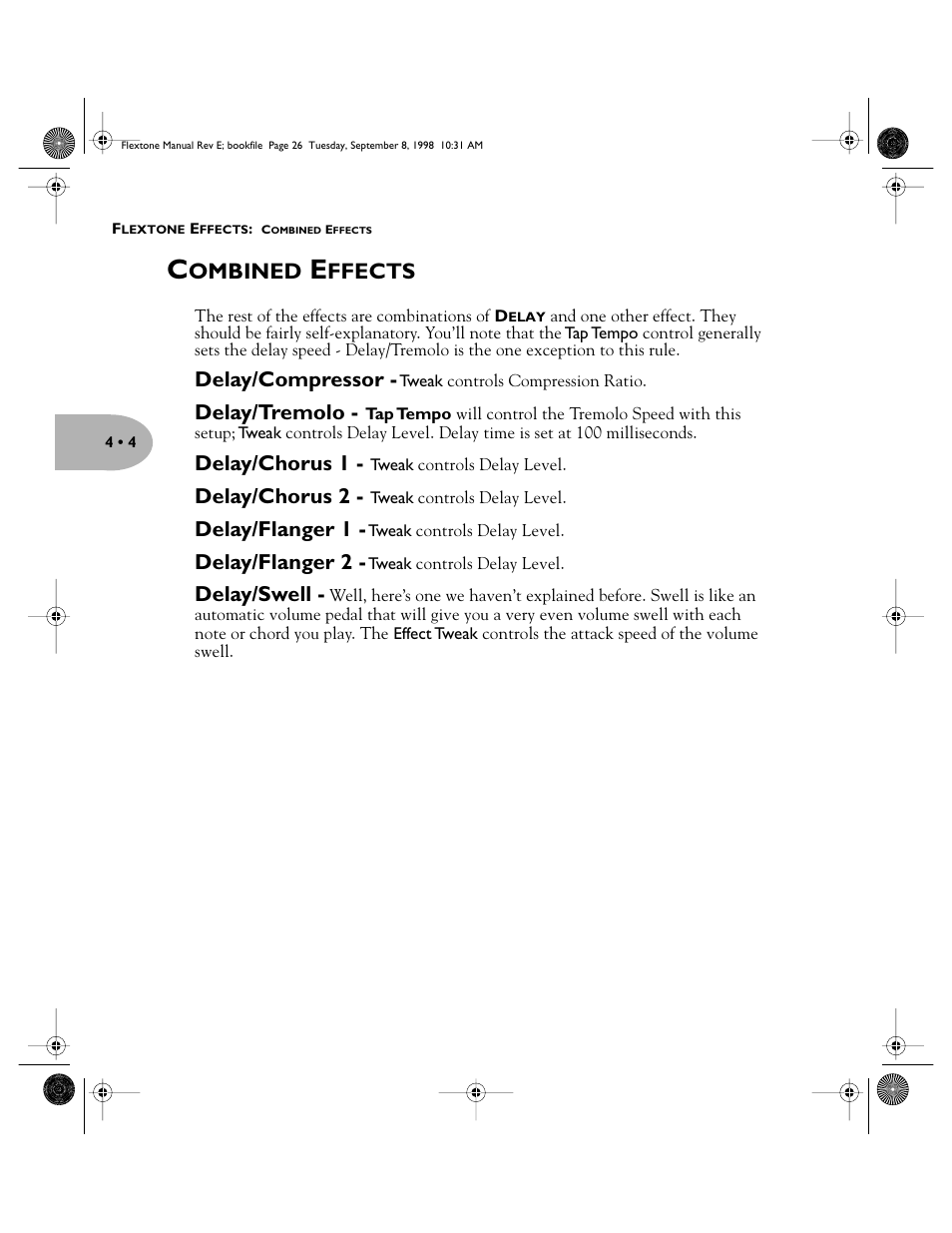 Ombined, Ffects, Delay/compressor | Delay/tremolo, Delay/chorus 1, Delay/chorus 2, Delay/flanger 1, Delay/flanger 2, Delay/swell | Line 6 Flextone Cab 212S User Manual | Page 26 / 66