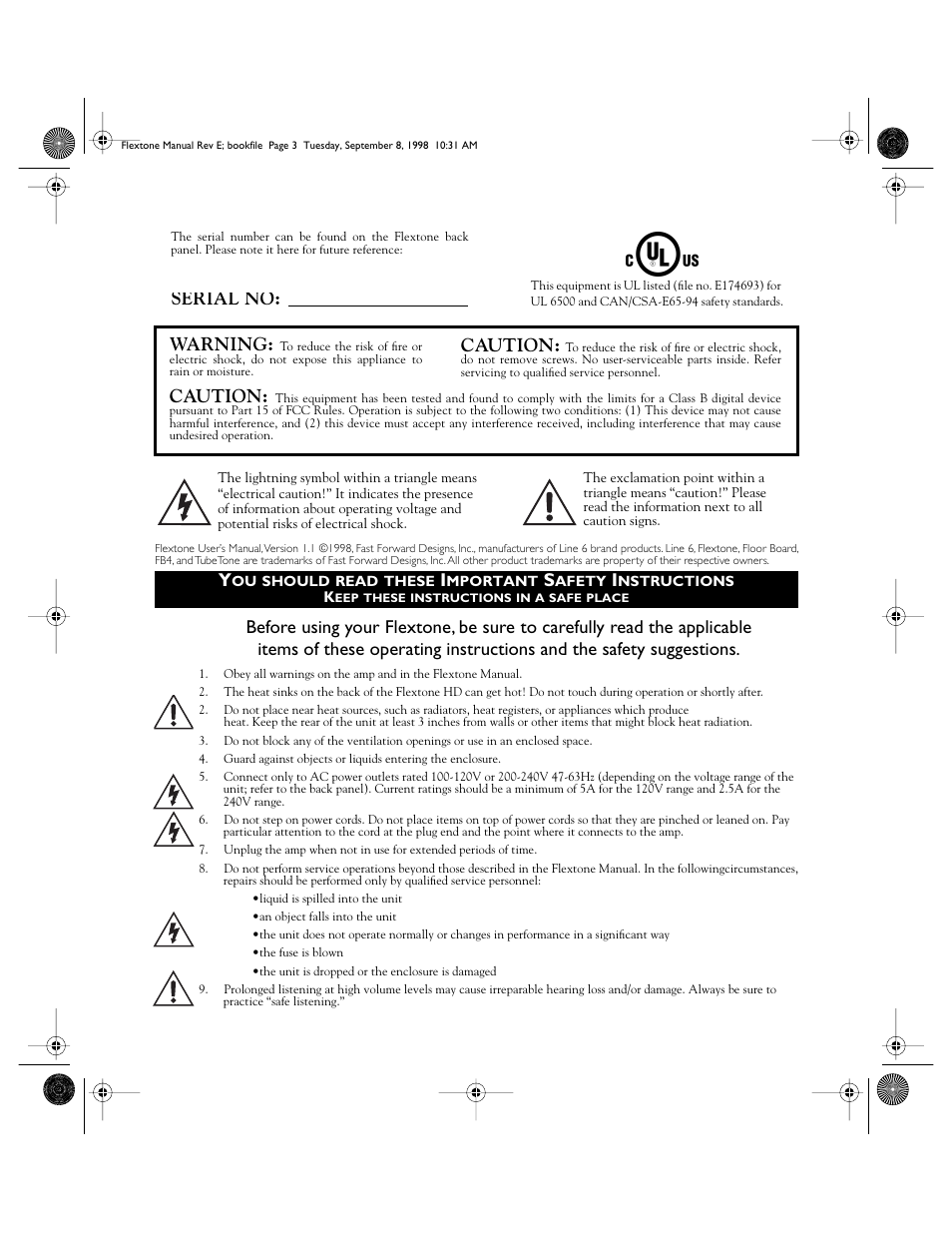 Serial no: y, Caution, Warning | Line 6 Flextone Cab 212S User Manual | Page 3 / 66