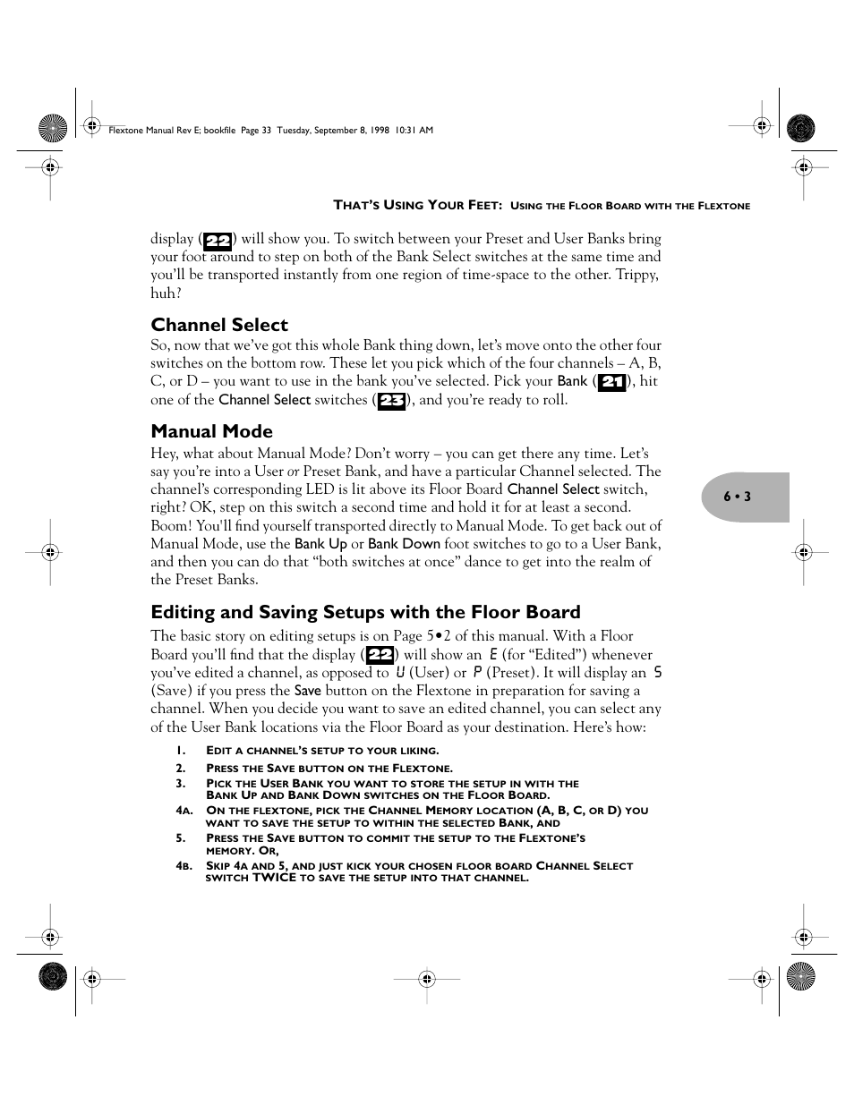 Channel select, Manual mode, Editing and saving setups with the floor board | Line 6 Flextone Cab 212S User Manual | Page 33 / 66