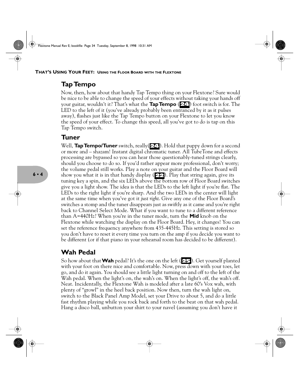 Tap tempo, Tuner, Wah pedal | Line 6 Flextone Cab 212S User Manual | Page 34 / 66