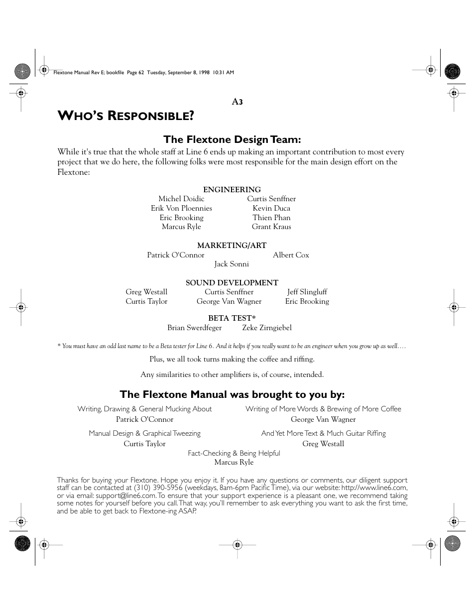 Esponsible, The flextone design team, The flextone manual was brought to you by | Line 6 Flextone Cab 212S User Manual | Page 62 / 66