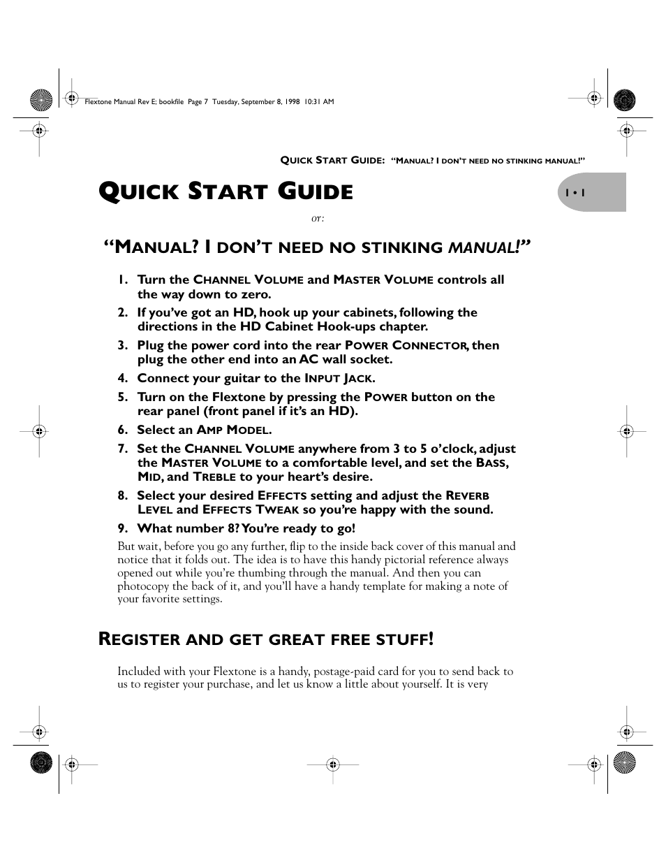 Uick, Tart, Uide | Anual, Need, Stinking, Manual, Egister, Great, Free | Line 6 Flextone Cab 212S User Manual | Page 7 / 66