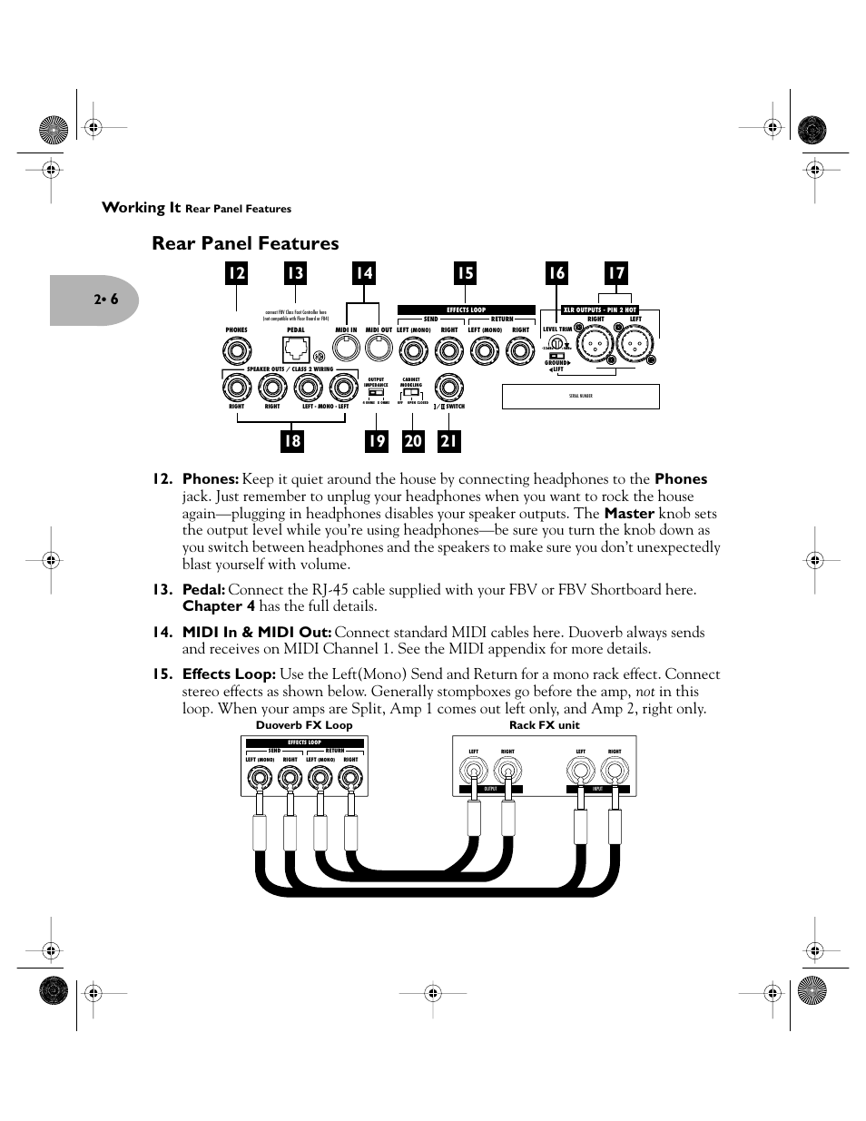 Rear panel features, Working it | Line 6 Pilot's Handbook User Manual | Page 11 / 42