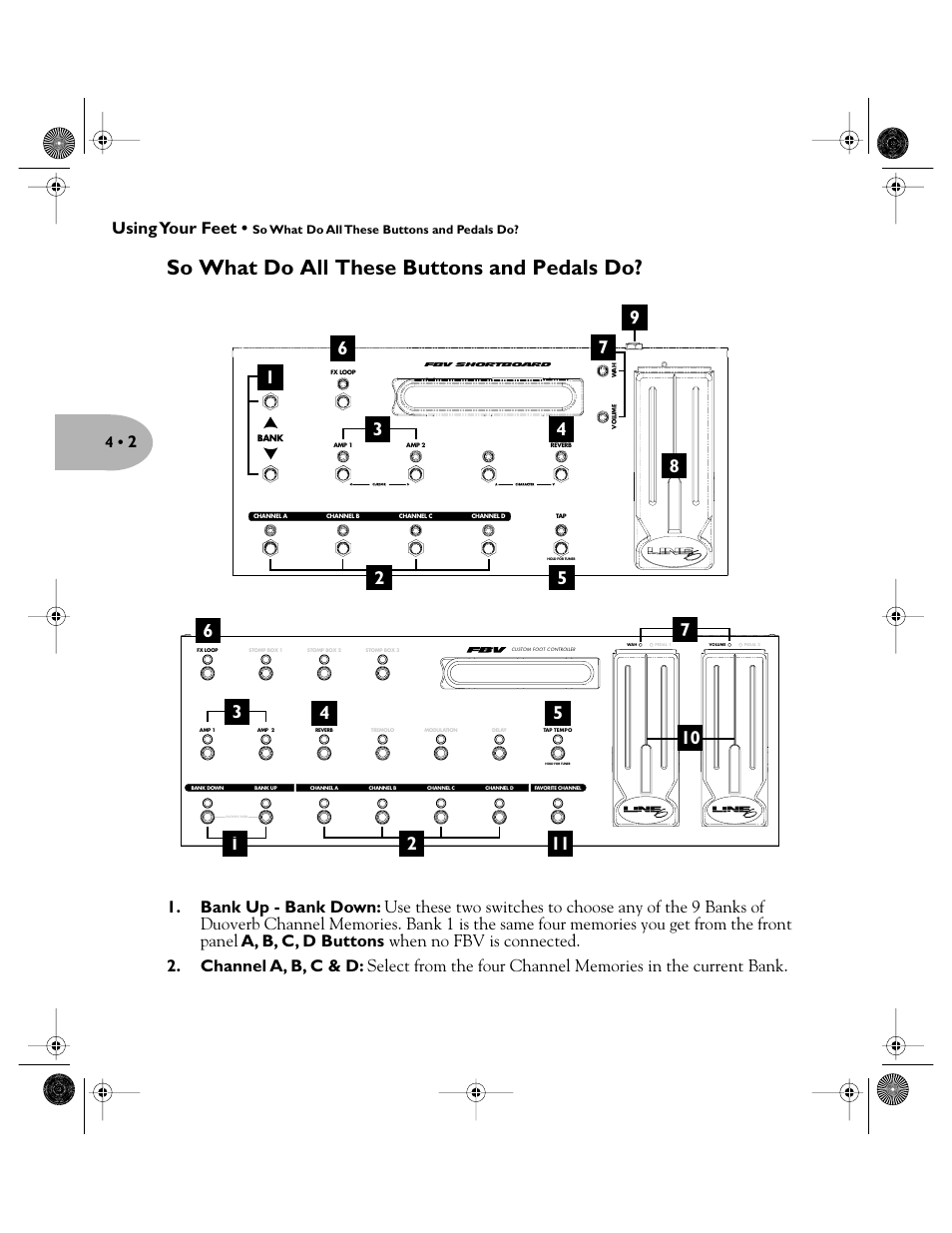 So what do all these buttons and pedals do, Using your feet | Line 6 Pilot's Handbook User Manual | Page 36 / 42