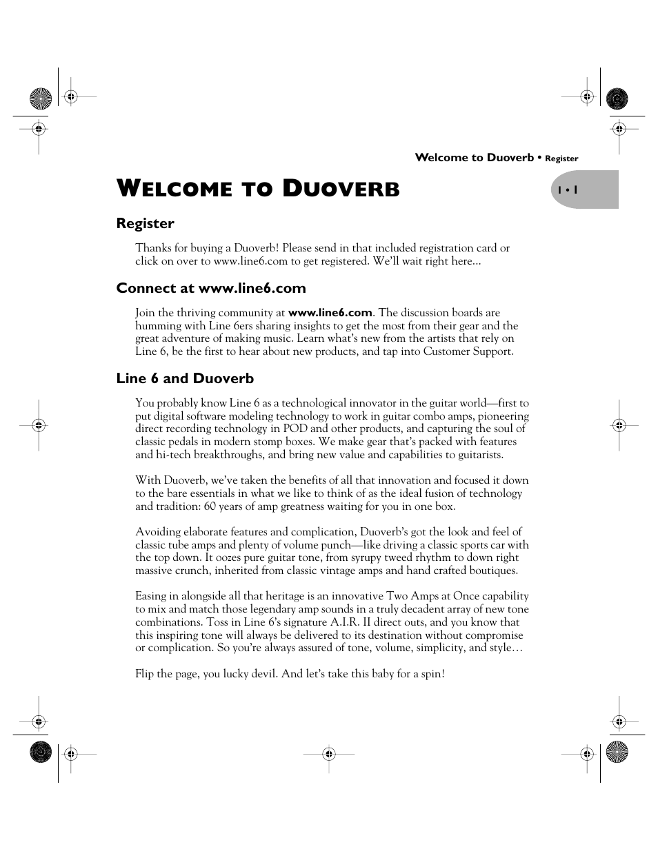 Welcome to duoverb, Register, Connect at www.line6.com | Line 6 and duoverb, Elcome, Uoverb | Line 6 Pilot's Handbook User Manual | Page 5 / 42