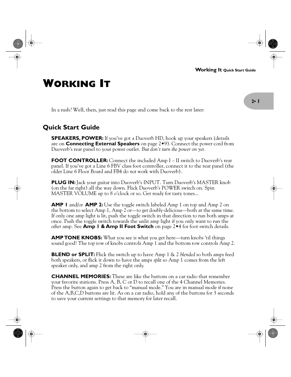 Working it, Quick start guide, Orking | Line 6 Pilot's Handbook User Manual | Page 6 / 42