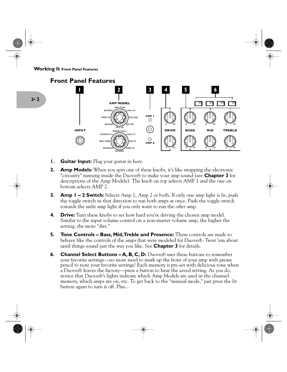 Front panel features | Line 6 Pilot's Handbook User Manual | Page 7 / 42