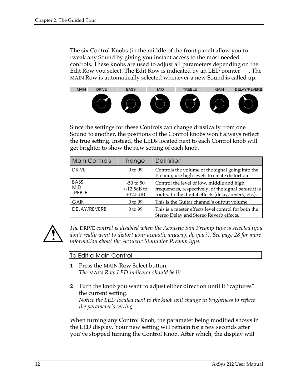 Main controls, Row select button. the | Line 6 AXSys 212 User Manual | Page 12 / 48