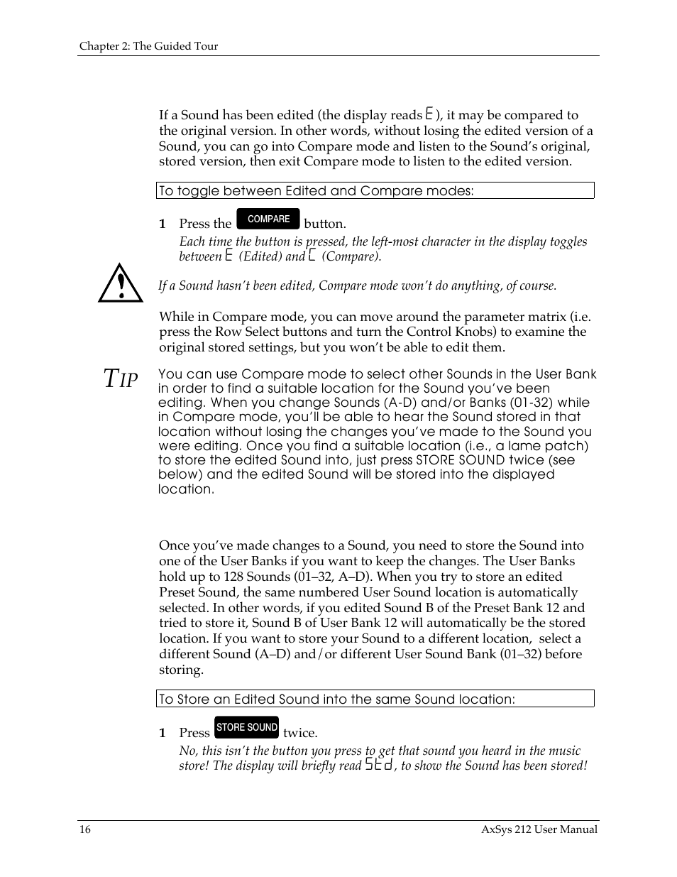 Comparing an edited sound to the original, Storing edited sounds | Line 6 AXSys 212 User Manual | Page 16 / 48